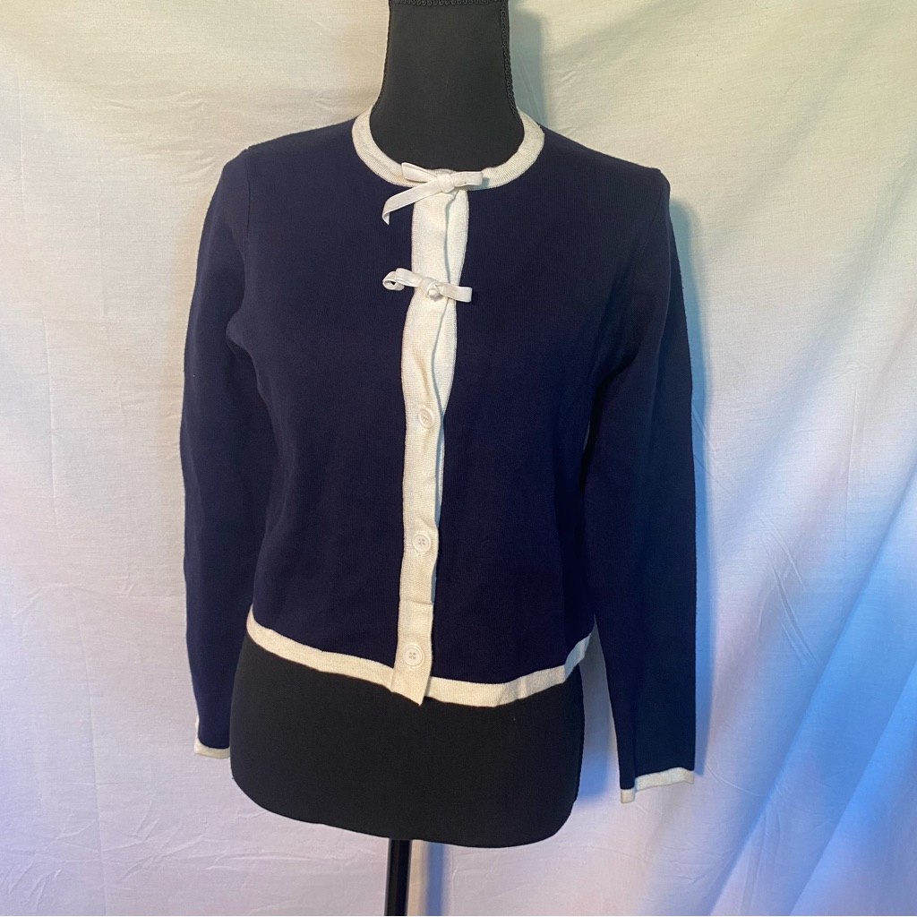Adrianna Papell Cardigan Sweater In Navy Blue With White Trim Nwt Size 2